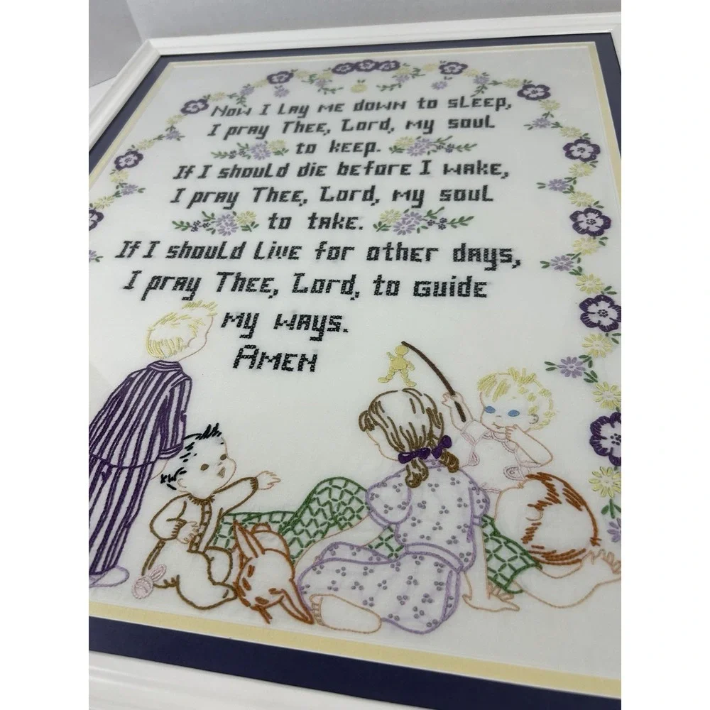 Vintage The Lords Prayer Hand Embroidered Framed Wall Hanging 23